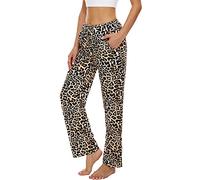 BATHRINS Pantalon de yoga ample et confortable pour femme avec cordon de serrage et poches, imprimé léopard, Taille L