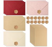 BATHRINS Set Papier à Lettres Vintage 49 Pièces - 25 Feuilles A5 + 12 Enveloppes en Lin + 12 Cachets de Cire - Papeterie Rétro pour Lettre d'Amour, Mariage, Anniversaire (Quatre couleurs)