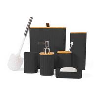 Bathroom 6-Piece Set, Bamboo Lid Trash Can/Toilet Brush/Soap Dispenser/Toothbrush Holder/Cup/Soap Box Modern and Simple Bathroom Combination (Square, Black)