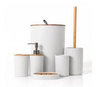 Bathroom 6-Piece Set, Bamboo Lid Trash Can/Toilet Brush/Soap Dispenser/Toothbrush Holder/Cup/Soap Box Modern and Simple Bathroom Combination (Round, Gray)