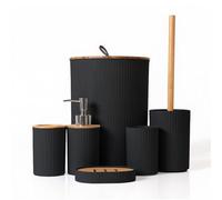 Bathroom 6-Piece Set, Bamboo Lid Trash Can/Toilet Brush/Soap Dispenser/Toothbrush Holder/Cup/Soap Box Modern and Simple Bathroom Combination (Round, Black)