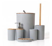 Bathroom 6-Piece Set, Bamboo Lid Trash Can/Toilet Brush/Soap Dispenser/Toothbrush Holder/Cup/Soap Box Modern and Simple Bathroom Combination (Round, Gray)
