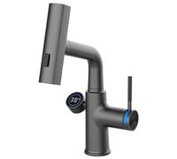 Bathroom Faucet with Pull Out Sprayer, 360° Swivel Lifting Kitchen LED Temperature Display, Single Handle Basin Faucet, Brass Sink 3 Spray Modes,Gun Gray (Black)