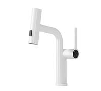 Bathroom Faucets with Pull-Out Sprayer, White Waterfall Basin Faucet, Single Handle Brass Bathroom Sink Faucet with Hot and Cold Water.