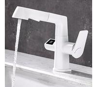Bathroom Sink Faucet with Pull-Out Sprayer, Digital Display, Brass Liftable Basin Faucet, Single Handle Lavatory Mixer Tap, Pull-Out, White(White)