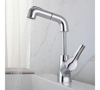 Bathroom Sink Faucet with Pull-Out Sprayer, Telescopic Lifting, Single Handle, for Hot and Cold Water, Pull-Out Brass Basin Mixer, Gray