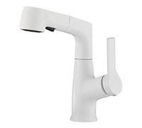 Bathroom Sink Faucets with Pull-Out Sprayer, Brass Retractable Swivel Spout Basin Faucet for Hot and Cold Water, White