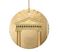 Bâtiment antique avec branche d'olivier romaine et imprimé grec, décoration de Noël ronde de 7,3 cm, pendentif de Noël en céramique à suspendre pour sapin de Noël, décoration d'intérieur et