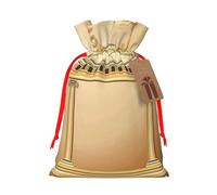 Bâtiment antique avec branche d'olivier romaine et sacs de Noël imprimés grecs avec cordon de serrage et ruban rouge - Pochettes cadeaux réutilisables en toile de jute avec cordon de serrage, M