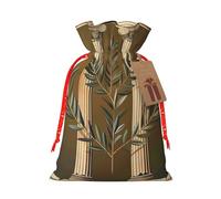 Bâtiment antique avec branche d'olivier romaine et sacs de Noël imprimés grecs avec cordon de serrage pour emballage cadeau de Noël, ruban de Noël rouge, M