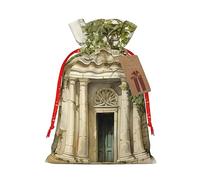 Bâtiment antique avec branches d'olivier romaines et sac cadeau en lin grec avec cordon de serrage, avec ascenseurs en papier kraft, pour Noël, anniversaires, fêtes