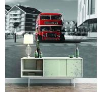 Bâtiment Tridimensionnel Bus Rouge Art Papier Peint 3D Installation Facile Intissé Tapisserie Bureau Salon Canapé Chambre Décoration Murale-250cm×170cm