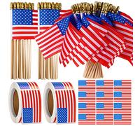 Batiyeer Lot de 100 petits drapeaux américains sur bâton - 500 autocollants drapeau américain patriotique - Étiquettes pour le 4 juillet, défilés, décoration de fête