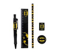 Ensemble de fournitures scolaires Generic Batman 6 pièces - Trousse à crayons chauve-souris noir/jaune, crayon, stylo à bille, règle de 15 cm, gomme, taille-crayon - Pour enfants et adolescents