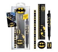 Ensemble de fournitures scolaires Generic Batman 6 pièces - Trousse à crayons chauve-souris noir/jaune, crayon, stylo à bille, règle de 15 cm, gomme, taille-crayon - Pour enfants et adolescents