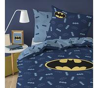Batman Iconic Parure de Lit Enfant 1 Personne | 100% Coton | Oeko-TEX | Housse de Couette Enfant 140x200 cm + 1 Taie d'oreiller 63x63 cm | Imprimé Réversible Garçon | Bleu Nuit