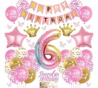 batnite Ballon 6ème anniversaire fille rose - Bannière Happy Birthday et ballon géant en aluminium multicolore chiffre 6, papillons 3D et décoration de gâteau Ballon pour décoration d'anniversaire de