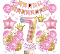 batnite Ballon 7ème anniversaire fille rose - Bannière Happy Birthday et ballon géant en aluminium multicolore chiffre 7, papillons 3D et décoration de gâteau Ballon pour 7 ans Décoration