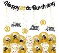 batnite Décoration 30e anniversaire pour hommes et femmes - Noir doré Happy 30 Birthday Bannière et spirales Décoration à suspendre, tourbillons à suspendre, ballons à confettis Ballons pour 30e