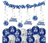 batnite Décoration d'anniversaire 40 ans pour hommes et femmes - Bleu argenté - Bannière Happy 40 Birthday et spirales - Décoration à suspendre - Ballons à confettis - Ballons pour 40e anniversaire