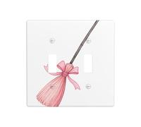 Bâton de balai rose pastel avec pompons en ruban, double interrupteur à bascule, plaque murale, décoration d'interrupteur, taille standard - 11,4 x 11,4 cm