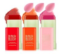 Bâtonnets de fard à joues en 3 couleurs avec éponges de maquillage, fard à joues, lèvres et yeux, jeu de bâton à blush à haute pigmentation