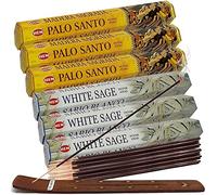 Bâtons d'encens à la Sauge Blanche et Hem De Palo Santo avec Porte-encens - Kit pour estomper - Parfum d'intérieur Naturel Inciensos Aromaticos