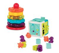 Battat Cube trieur de Formes et Anneaux à empiler, Combo sensoriel | Comprend 20 pièces au total : cube d’activités avec 12 formes et 5 anneaux à empiler, avec labyrinthe de perles, 2 ans et +
