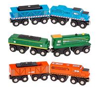 Battat Bt2708z - Ensembles Trains Voyageurs En Bois - 3 Sets Locomotive Et Wagon - Bleu Vert Orange - Magnétiques - D S 3 Ans