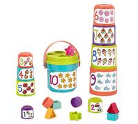 Battat - Trier et empiler, seaux de tri empilables colorés | Comprend 10 seaux, 8 formes et 1 couvercle de tri avec chiffres, couleurs et animaux; 19 pièces au total; 18 mois et +