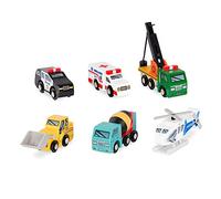 Battat BT2705Z Véhicules en Bois - Pelleteuse, Ambulance, Grue, Bétonnière, Hélicoptère, Voiture de Police - 6 Modèles