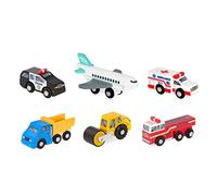 Battat BT2706Z Véhicules en Bois - Voiture de Police, Avion, Ambulance, Camion de Pompier, Camion à Benne, Rouleau de Route - 6 Modèles