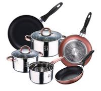 Batterie 5 pièces en acier inoxydable Ø16Ø18Ø20 avec 2 couvercles en verre, et set de 3 poêles Ø16/20/24 cm, aluminium pressé, set adapté pour induction