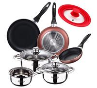 Batterie 5 pièces en acier inoxydable : casserole Ø16 x 7,5 cm, casseroles Ø18 x 8,5 cm et Ø20 x 9,5 cm. + Lot de 3 poêles Ø162024 cm, aluminium pressé, induction + couvercle universel (16 18 20