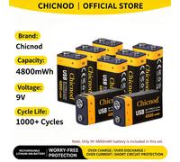 Batterie au lithium rechargeable Chicnod 9V 4800mWh USB Type C Li-ion avec chargeur intégré pour pédale de guitare, multimètre 8PCS 9V Battery