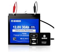 Batterie au lithium rechargeable DCHOUSE LiFePO4 12V 30Ah à cycle profond avec chargeur Type-C vers USB,cycle profond 4000+,adaptée aux tondeuses à gazon, panneaux solaires, bateaux à moteur, camping