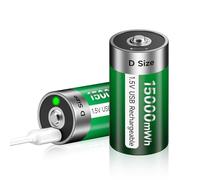 Batterie au lithium rechargeable USB D - 15 000 mWh - 1,5 V D - Batterie rechargeable - Charge rapide en 4 heures - Avec câble de charge de type C - Protection contre la surcharge (2 pièces)