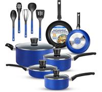 Batterie Cuisine 15 Pièces Bleue, Poêles Et Casseroles Antiadhésives Avec Couvercles, Résistante Chaleur, Lave-Vaisselle