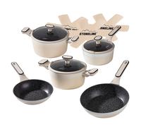 STONELINE Batterie Cuisine 11 pcs 18/20/24 cm Set de Poêles et Casseroles avec Couvercle, Faitout Poêle Induction Antiadhésive avec Vraies Particules de Pierre, Tous Feux, Couleur : Crème