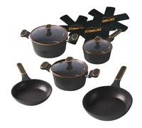 STONELINE Batterie Cuisine 11 pcs 18/20/24 cm Set de Poêles et Casseroles avec Couvercle, Faitout Poêle Induction Antiadhésive avec Vraies Particules de Pierre, Tous Feux, Couleur : Noir/Or Rose