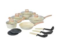 Batterie de cuisine 14 pièces avec revêtement en granit et manche en bois Beige Herzberg HGWDBEJ14-BEI