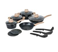 Batterie De Cuisine 14 Pièces Avec Revêtement En Granit Et Manche En Bois Noir Herzberg Hgwdmrb14-Blk