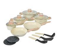 Herzberg - Batterie de Cuisine 15 Pièces, en Aluminium Forgé, Revêtement Antiadhésif, Couvercles en Verre, Poignées Ergonomiques, Compatible Induction et Lave-Vaisselle, Beige