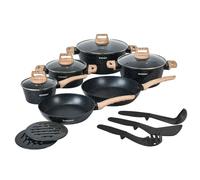 Batterie De Cuisine 15 Pièces Avec Revêtement En Granit Et Manche En Bois Noir Herzberg Hgwdmrb15-Blk