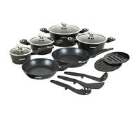 Herzberg - Batterie de Cuisine 15 Pièces, en Aluminium, Revêtement Marbre, Casseroles, Poêles, Couvercles en Verre, Ustensiles, Compatible Induction, Noir