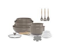Arthur Martin - Batterie de Cuisine 18 Pièces, Poêles 20-22-26 cm, Casseroles 16-18 cm, Sauteuse 24 cm, Wok 28 cm, Couvercles en Verre et Hermétiques, Ustensiles Bois, Marron
