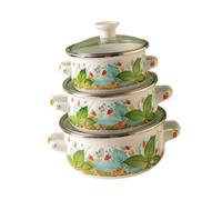 Batterie de cuisine 3 pièces en émail avec couvercles pour soupe, ragoût, haricots, compatible induction, cuisine, restaurant, ménage - Feuilles vertes