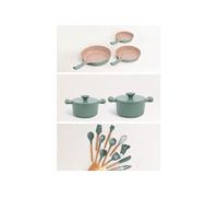 Batterie de cuisine 3 poêles PAN STUDIO, 2 cocottes POT STUDIO et kit d'ustensiles KITCHENWARE STUDIO - Vert sauge