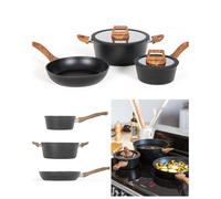 Batterie de cuisine 5 pièces 1 casserole avec couvercle en verre 16 x 7 cm, 1 poêle 24 x 5 cm et 1 faitout avec couvercle 24 x 10