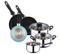 Batterie de cuisine 5 pièces acier inoxydable + set 3 poêles Ø16Ø20Ø24 aluminium pressé, bleu ciel